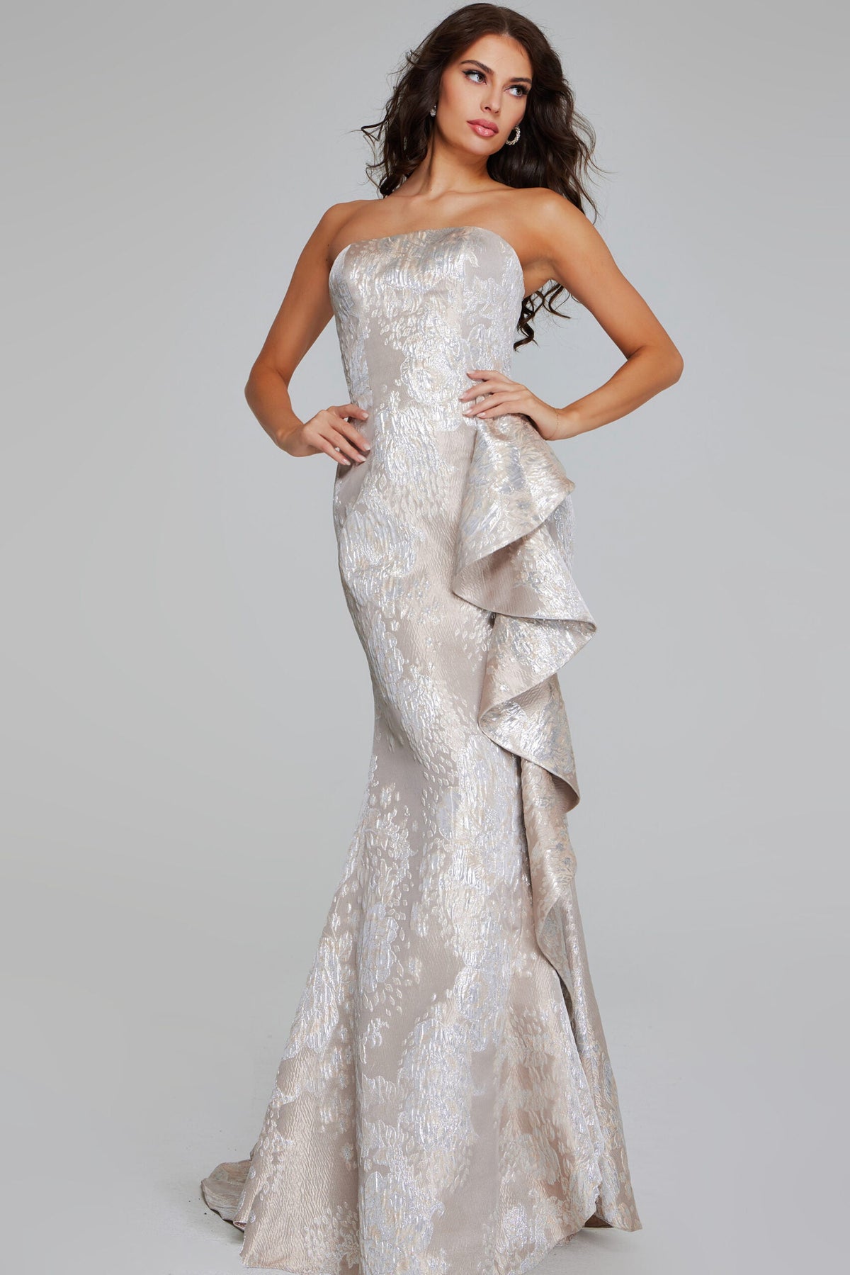 Jovani - 42028 - Strapless Brocade Gown with Draped Detail Madeline's Boutique Boca Raton Jovani - 42028 - Strapless Brocade Gown with Draped Detail Madeline's Boutique Boca Raton