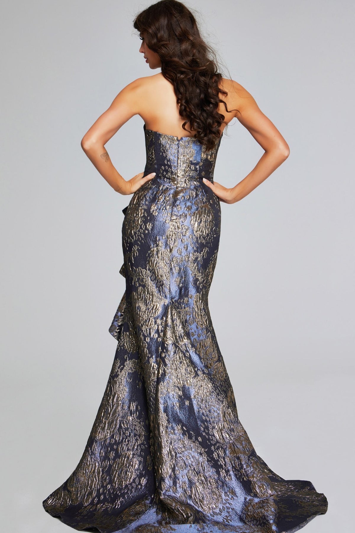 Jovani - 42028 - Strapless Brocade Gown with Draped Detail Jovani - 42028 - Strapless Brocade Gown with Draped Detail