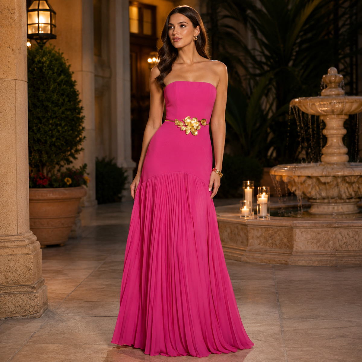 Jovani - 47000 - Strapless Pleated Evening Gown with Floral Waist Detail