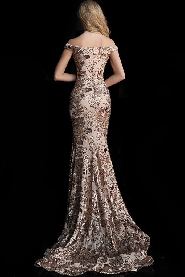 Shop Jovani 63516 Off the Shoulder Sweetheart Neck Dress in Grey, Copper/Gold, and Black/Gunmetal. Sequin details and sleeveless silhouette make it perfect for evening events, weddings, and black tie occasions. Available at Madeline's Boutique