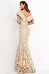 Jovani Gold Lace V Neck Gown - Style 02923 - A stunning gold lace evening gown with an off-the-shoulder neckline and mermaid silhouette, perfect for formal occasions and mother of the bride.