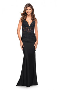 La Femme - 30757 - Illusion Lace V Neck Top with Jersey Skirt Dress
