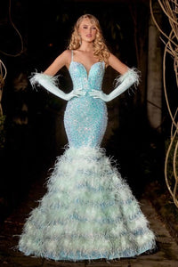 The Portia & Scarlett Sequin and Pearl Mermaid Gown with Tiered Feathered Hem, a statement of elegance and sophistication for proms, formal events, and red carpet affairs.