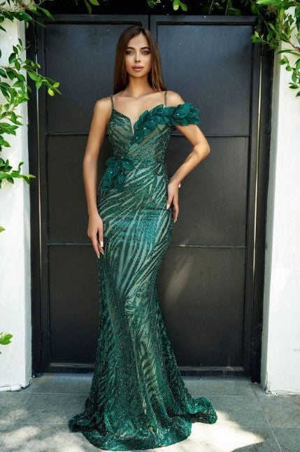 Portia & Scarlett - PS24517E: Sequin and Leaf-Lace Off-Shoulder Gown Emerald / 6 Portia & Scarlett - PS24517E: Sequin and Leaf-Lace Off-Shoulder Gown Emerald / 6
