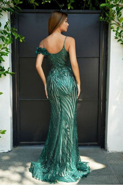 Portia & Scarlett - PS24517E: Sequin and Leaf-Lace Off-Shoulder Gown Emerald / 6 Portia & Scarlett - PS24517E: Sequin and Leaf-Lace Off-Shoulder Gown Emerald / 6