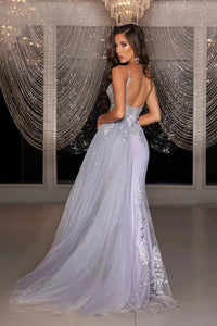 Portia & Scarlett PS22125 Formal Gown - Elegant lace and tulle dress with V-neckline, train, and side slit.