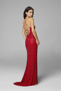 Open Back Red Beaded Sequin Prom Dress by Primavera - Sold by Madeline's Boutique in Toronto, Canada and Boca Raton, Florida