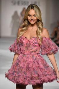 Sherri Hill 55624 Floral Print Cocktail Dress in Tulle. Available at Madeline's Boutique in Boca Raton, Florida and Toronto, Canada.