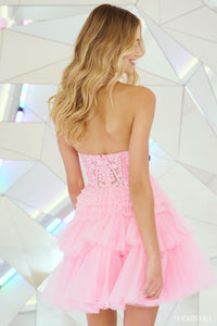 Sherri Hill 55683 Strapless Sheer Lace Boned Corset Cocktail Dress with Ruffle Tulle Skirt