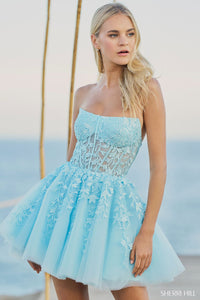 Sherri Hill Style 55833 Cocktail Dress - Strapless leaf lace design with sheer corset bodice and tulle skirt. Perfect for Bat Mitzvahs and Homecoming Find your perfect dress at Madeline's Boutique in Toronto, Ontario or Boca Raton, Florida today!
