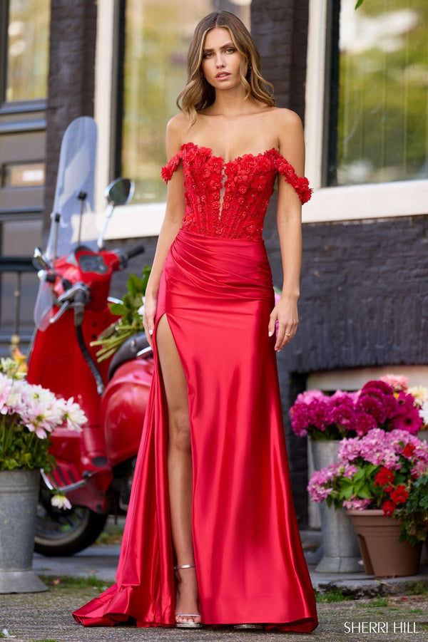 Sherri Hill 56176 Ruched Waist Prom Gown with High Slit - An enchanting prom gown featuring a ruched waist, high slit, boned floral bodice, keyhole bodice, and off-the-shoulder cap sleeves for a flattering and stylish look.
