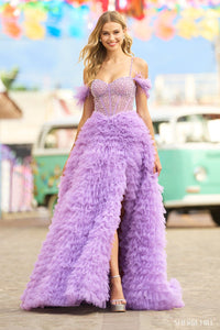 Get ready to turn heads at your prom for prom wearing this beautiful ball gown dress by Sherri Hill style number 55387. This ballgown features a stunning ruffled skirt, beaded corset top, off-the-shoulder feathered sleeves, and skirt slit. Perfect for a night of dancing and making memories with friends. Available at Madeline's Boutique in Boca Raton, Florida and Toronto, Canada. 