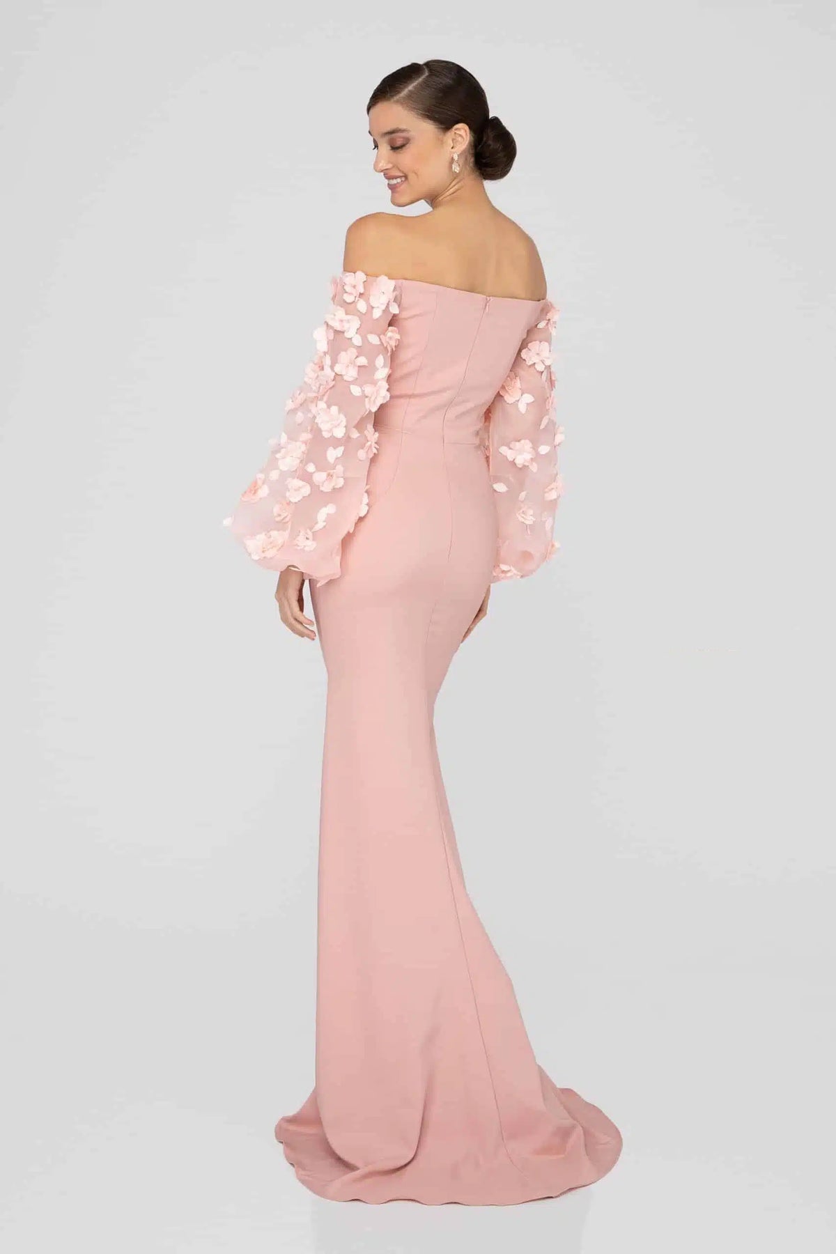 Terani Couture 1911E9128 Off Shoulder Floral Accent Puff Sleeves Gown in 2 Way Stretch Satin, perfect for mother of the bride or groom. Adorned with 3D flowers on organza sleeves.  Dresses Color is blush.