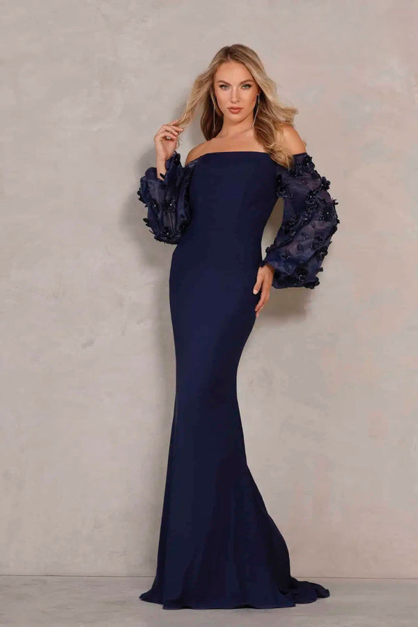 Terani Couture 1911E9128 Off Shoulder Floral Accent Puff Sleeves Gown in 2 Way Stretch Satin, perfect for mother of the bride or groom. Adorned with 3D flowers on organza sleeves.