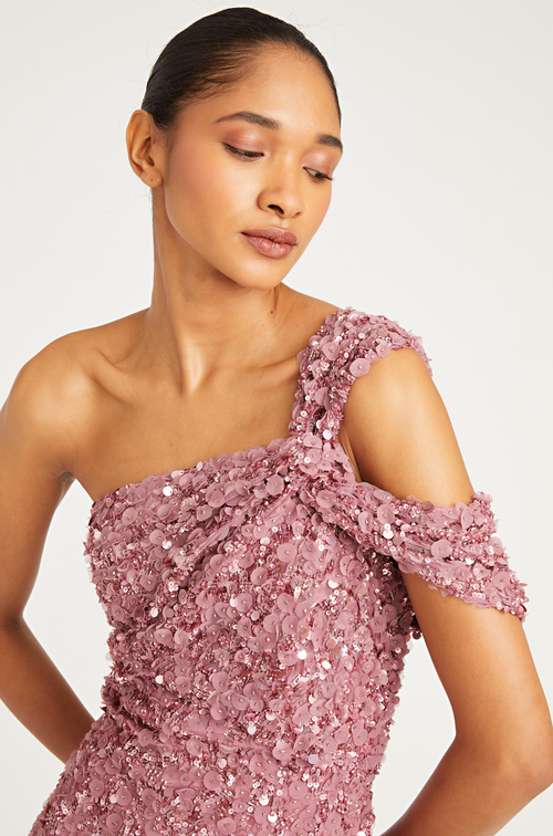 Theia 8819883 One-Shoulder Beaded Gown, a stunning gown featuring intricate beadwork and 3D flower petals, ideal for special occasions and mothers of the bride or groom.