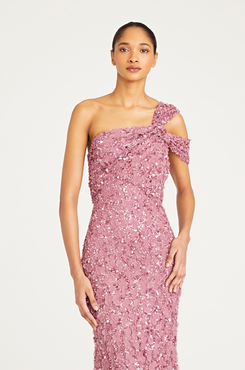 Theia 8819883 One-Shoulder Beaded Gown, a stunning gown featuring intricate beadwork and 3D flower petals, ideal for special occasions and mothers of the bride or groom.