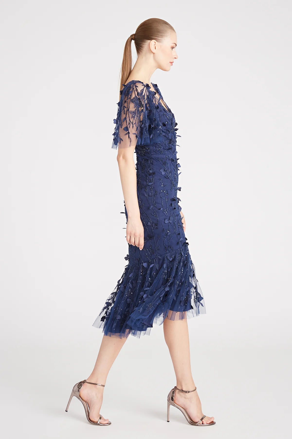 theia beaded petal dress THEIA Hand-Beaded & Petal Applique 3/4 Bell-Sleeve Dress Women's SIZE 4