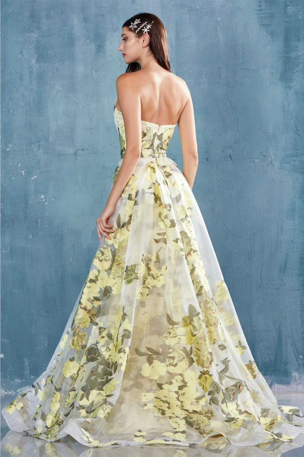 Shop the Andrea & Leo A0770 yellow floral printed gown at Madeline's Boutique in Toronto and Boca Raton. Perfect for prom, evening events, and quinceañera.