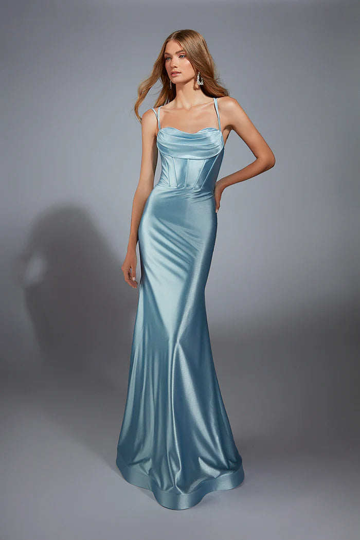 Aerie Couture 291 powder blue satin gown with draped bodice, fitted silhouette, and crisscross lace-up back detail.