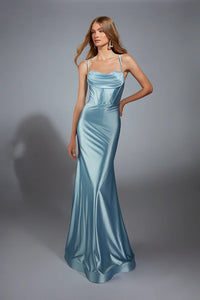 Aerie Couture 291 powder blue satin gown with draped bodice, fitted silhouette, and crisscross lace-up back detail.