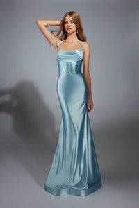 Aerie Couture 291 powder blue satin gown with draped bodice, fitted silhouette, and crisscross lace-up back detail.