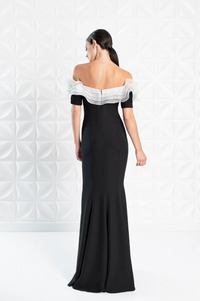 Back view of Alexander by Daymor Style 1257, showcasing the elegant fitted silhouette and off-the-shoulder ruffle design.
