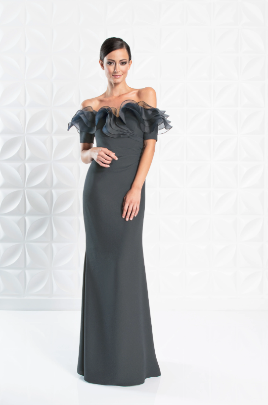 Front view of Alexander by Daymor Style 1257, an elegant off-the-shoulder in graphite.