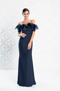 Front view of Alexander by Daymor Style 1257, an elegant off-the-shoulder in midnight