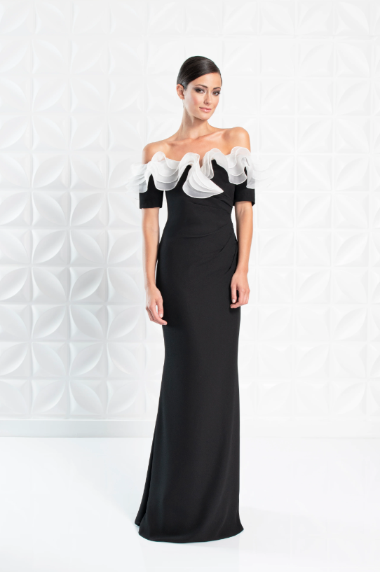 Front view of Alexander by Daymor Style 1257, an elegant off-the-shoulder black and white gown.
