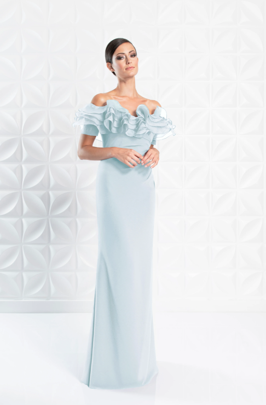 Front view of Alexander by Daymor Style 1257, an elegant off-the-shoulder in soft crystal.