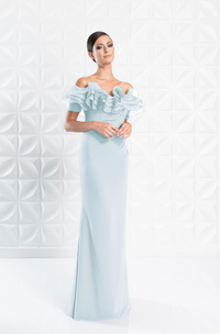 Front view of Alexander by Daymor Style 1257, an elegant off-the-shoulder in soft crystal.