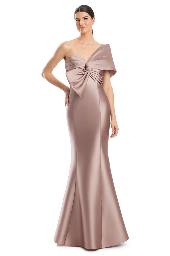 Alexander By Daymor 1977 Pleated Bodice Evening Dress - A sophisticated evening dress featuring a pleated bodice and knotted bust, perfect for evening events or mother of the bride or groom occasions. The model is wearing the color frosted blush.