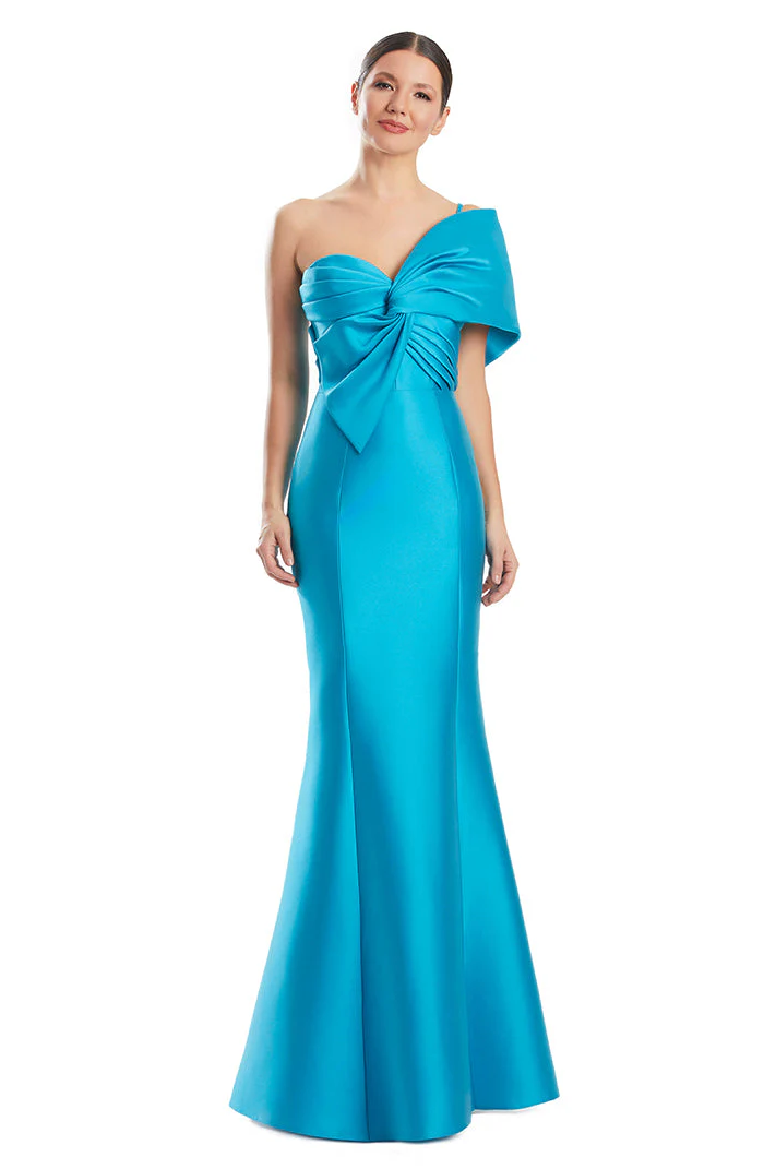 Alexander By Daymor 1977 Pleated Bodice Evening Dress - A sophisticated evening dress featuring a pleated bodice and knotted bust, perfect for evening events or mother of the bride or groom occasions. The model is wearing the color lagoon.