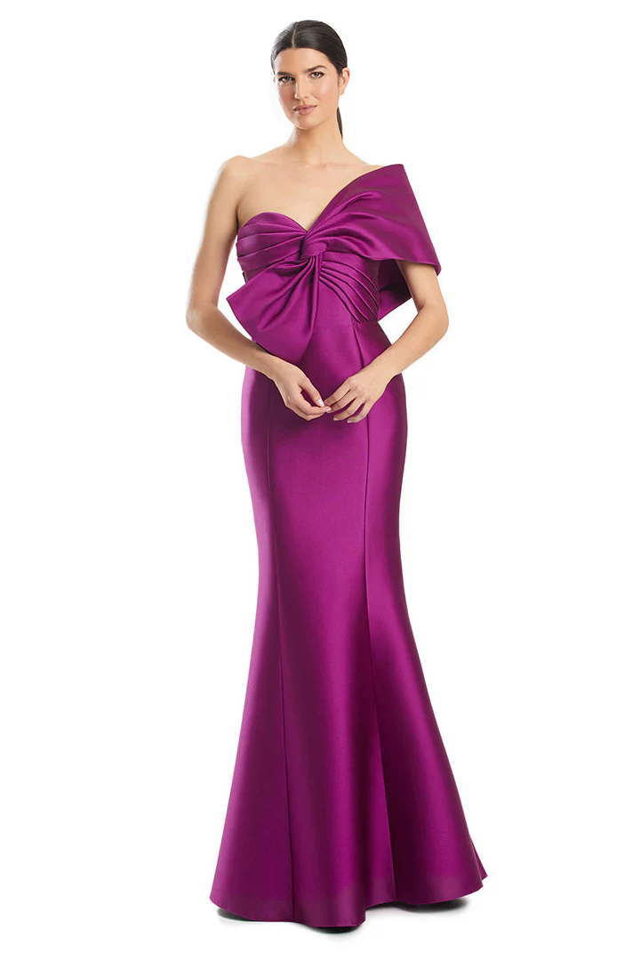 Alexander By Daymor 1977 Pleated Bodice Evening Dress - A sophisticated evening dress featuring a pleated bodice and knotted bust, perfect for evening events or mother of the bride or groom occasions. The model is wearing the color magenta.
