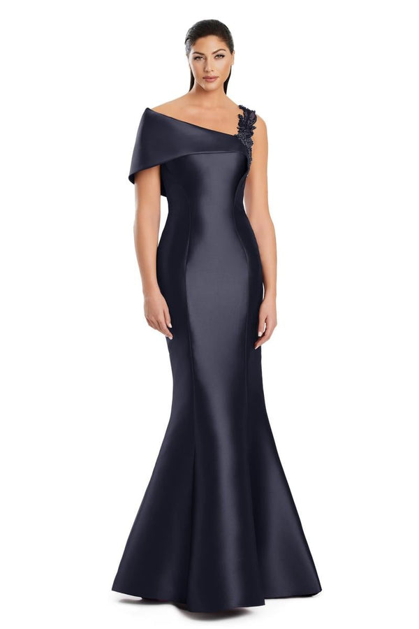 Model wearing Alexander by Daymor 3060S25 one-shoulder gown with draped back detail, fitted silhouette, and floor-length skirt.