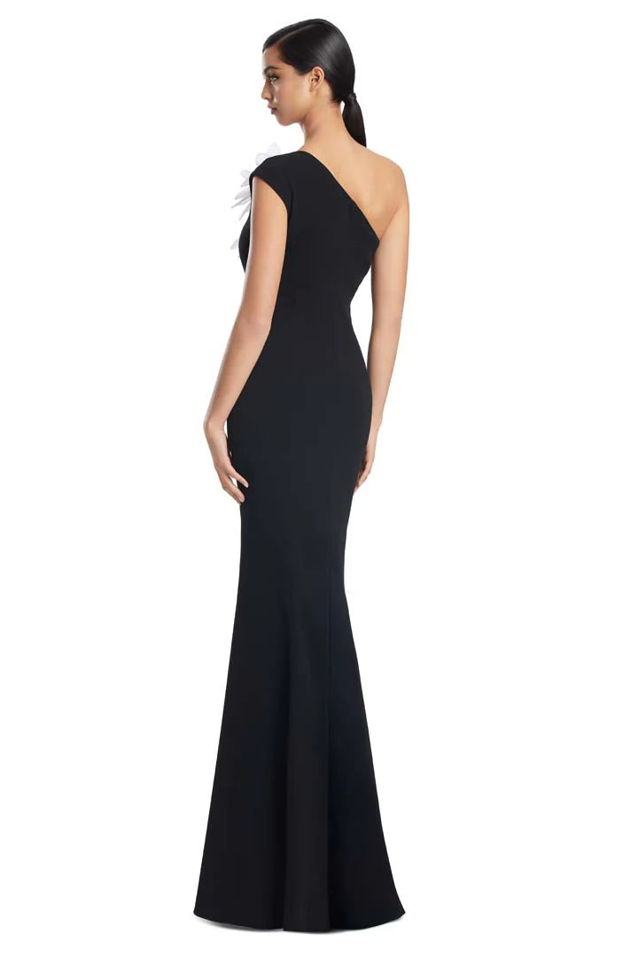 Black one-shoulder evening gown on a white background