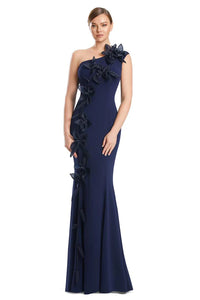MIDNITE Color one-shoulder gown with floral details on a white background