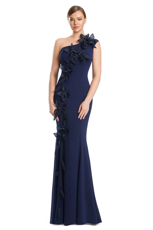 MIDNITE Color one-shoulder gown with floral details on a white background