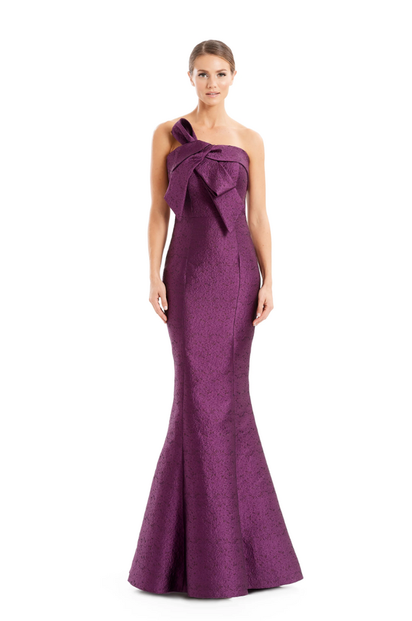 Alexander by Daymor 1677 evening gown, featuring a oversized bow accent, available in red, royal, plum, and navy, perfect for formal evening events and mother of the bride or groom occasions.