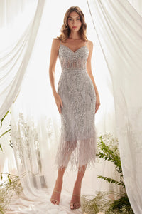 Andrea & Leo A1190 Elegant Tea-Length Dress - A sophisticated tea-length dress with a sheer beaded bodice and feather embellishment on the skirt. Perfect for formal evening events and cocktail parties.