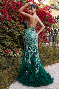 Andrea&Leo A1229 Enchanting Mermaid Evening Gown - A fitted mermaid silhouette adorned with cascading beads, featuring mermaid godets, embellished with faux goose feathers, and an open criss-cross lace-up back for a captivating and ethereal look.  The model is wearing emerald.