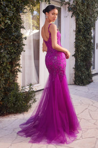Andrea & Leo A1231 Lace Mermaid Evening Gown - A captivating fitted mermaid gown adorned with intricate lace appliqué, a sheer boned bodice, and an open scoop back for a timeless and enchanting allure. The model is wearing the dress in Amethyst.