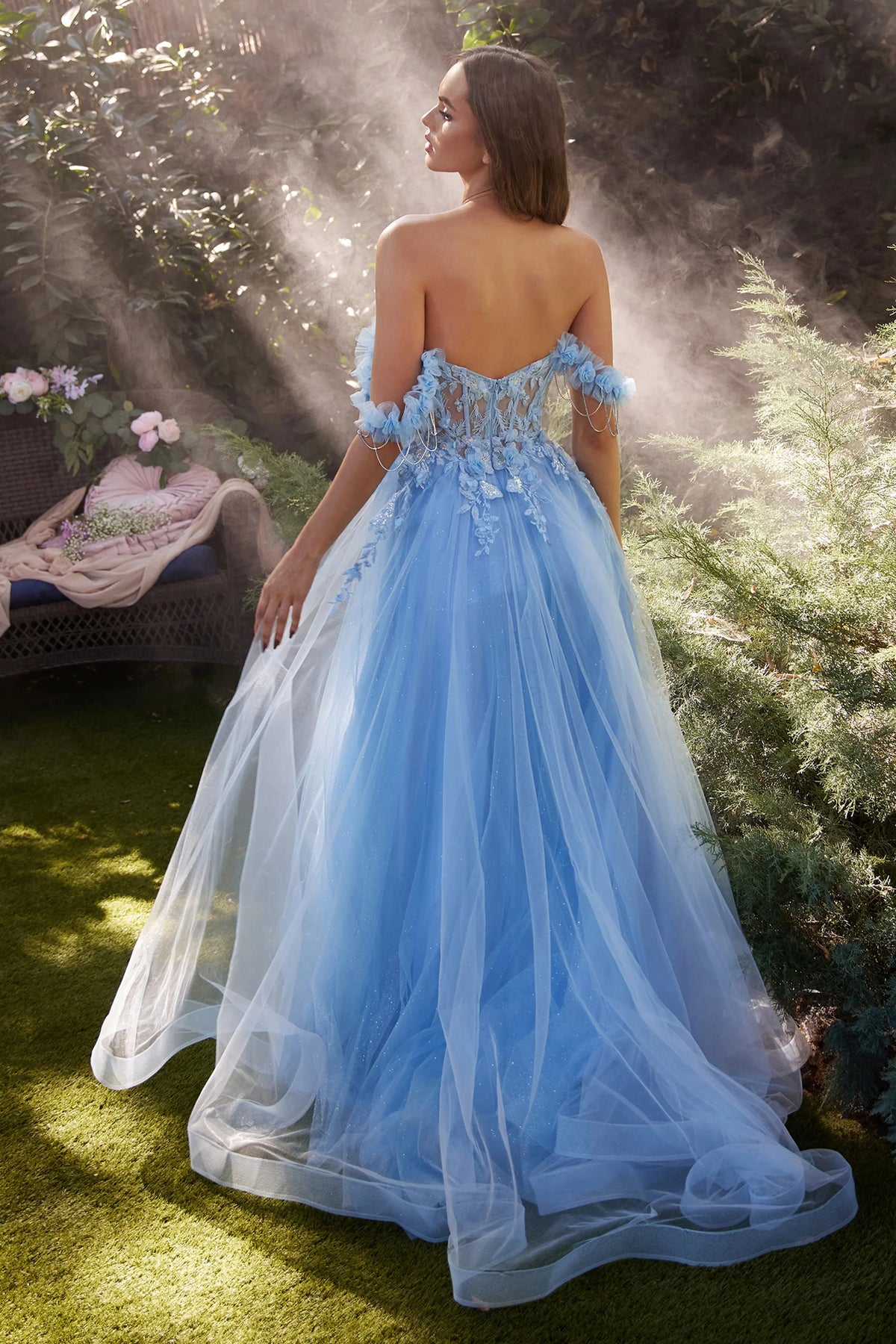 Andrea&Leo A1237 Sparkling Off-Shoulder A-Line Prom Gown - A breathtaking A-line gown with a sheer boned bodice adorned with delicate lace appliqué, off-the-shoulder straps embellished with a sparkling rhinestone drape, perfect for prom and special occasions.