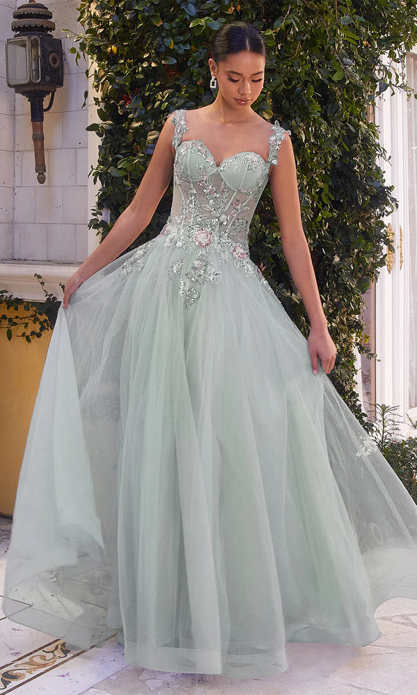 Andrea & Leo A1258 - An alluring off-shoulder sequin prom gown with a sheer corset boned bodice and open back, perfect for a glamorous and sophisticated look.