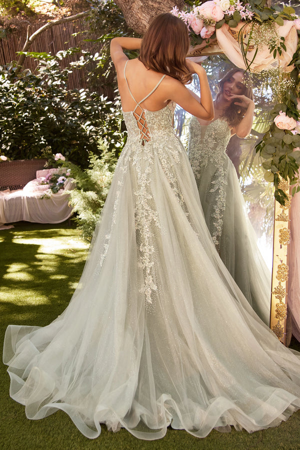 Andrea & Leo A1261 Lace Embellished A-Line Prom Gown - An enchanting A-line prom gown with lace embellishments, layered tulle, a high slit, and a deep V neckline for a dreamy and glamorous look. This dress is in the color Dusty Sage.