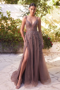 Andrea & Leo A1261 Lace Embellished A-Line Prom Gown - An enchanting A-line prom gown with lace embellishments, layered tulle, a high slit, and a deep V neckline for a dreamy and glamorous look. This dress is in the color French Cafe.