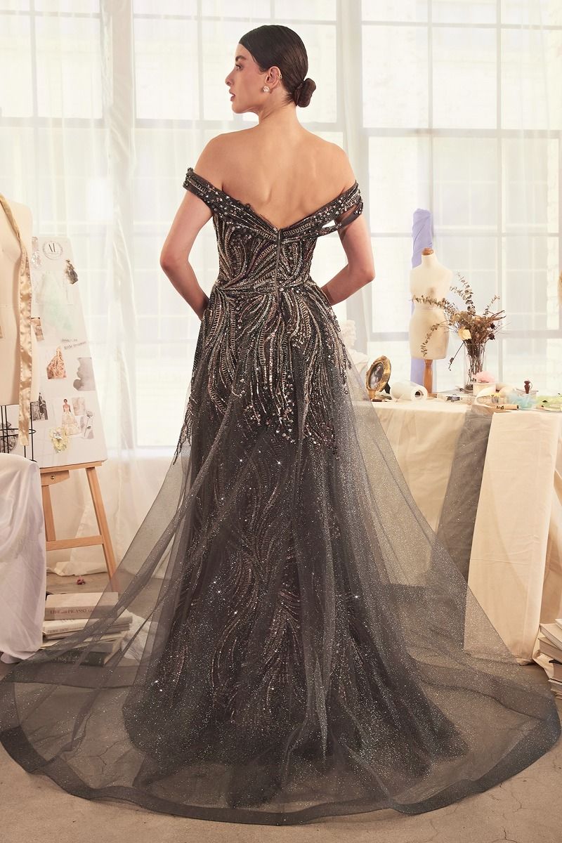 Andrea & Leo A1375 dark silver fitted gown with an embellished tulle bodice, layered overskirt, and off-the-shoulder neckline.