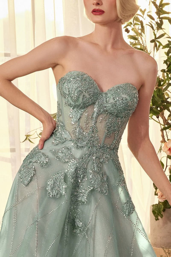 Andrea & Leo A1387 strapless sweetheart ball gown with an embellished bodice and shimmering skirt details, perfect for prom and formal evening events.  Model is wearing sage.