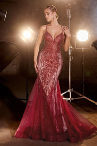 Andrea & Leo CC2253 Glitter Lattice Mermaid Prom Gown - A mesmerizing mermaid prom gown with a glitter lattice motif, sheer boned bodice, layered tulle godet skirt, and an open lace-up corset back for a dazzling and sophisticated look.  This is the dress in Deep Red.