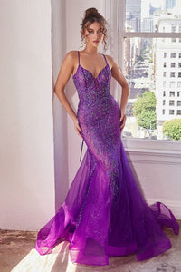 Andrea & Leo CC2253 Glitter Lattice Mermaid Prom Gown - A mesmerizing mermaid prom gown with a glitter lattice motif, sheer boned bodice, layered tulle godet skirt, and an open lace-up corset back for a dazzling and sophisticated look.  This is the dress in Nova Purple..